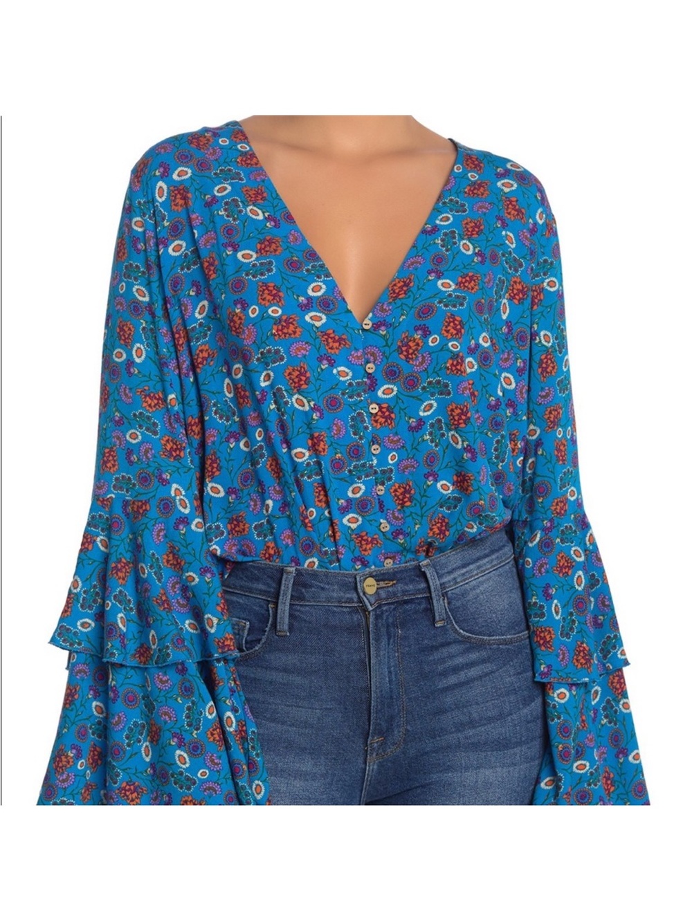 Intimately by Free People Turquoise Floral V-Neck Bell Sleeve Blouse Size Small